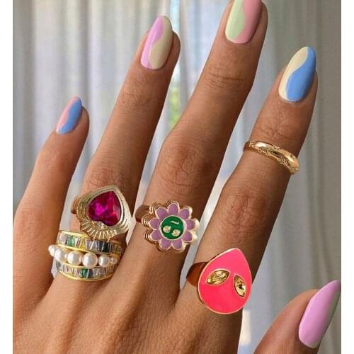 Minar Unique Design Multiple Enamel Rings for Women Colorful Rhinestone Crystal Alien Sunflower Chunky Ring Creative Accessories