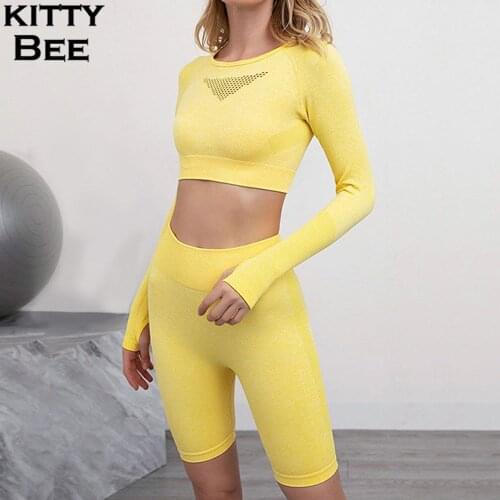 Sport Set Women Fitness Seamless Yoga Set 2 Piece Gym Set Workout Long Sleeve Crop Top High Waist Shorts Set Women Gym Clothing