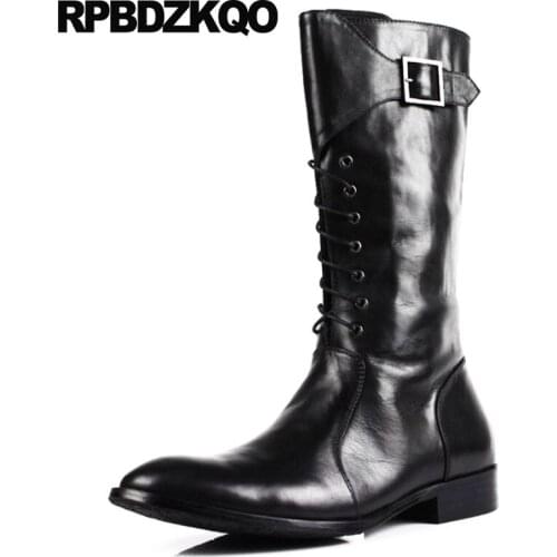 Fashion Mid Calf Zipper Riding Luxury 2018 Mens Leather Tall Boots Shoes Chunky European Casual Fall Black Motorcycle Full Grain