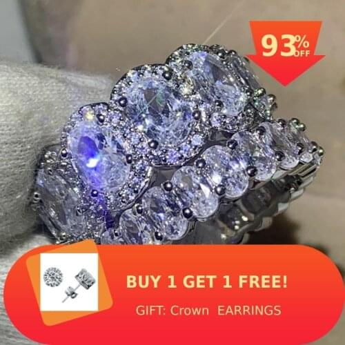 Top Selling High Quality Luxury Jewelry 925 Sterling Silver Oval Cut White AAAAA Cubic Zircon Promise Women Wedding Ring Set