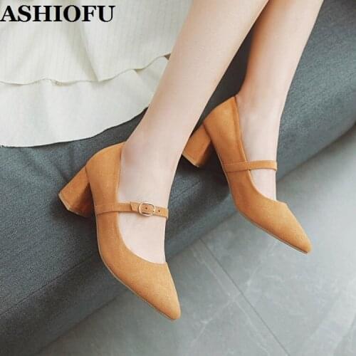 ASHIOFU 202 Handmade New Womens Block Heel Pumps Mary Janes Pary Prom Dress Shoes Daily Wear Real Photos Evening Fashion Shoes