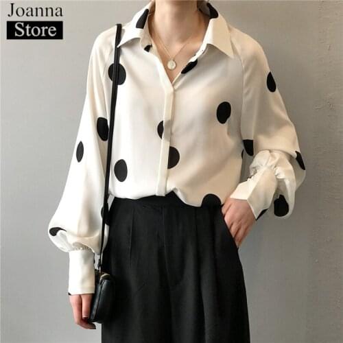 Spring New Dot Printed Short Shirts Women Lapel Single-Breasted Lantern Sleeve Slim Vintage Blouses White Plus Size Wild Clothes