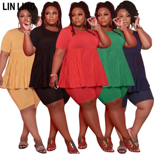 LINLING Womens Plus Size Henley Shirt Short Sleeve Pleated Tunic Tops Solid Color Casual Sports & Shorts 2 Piece Sets