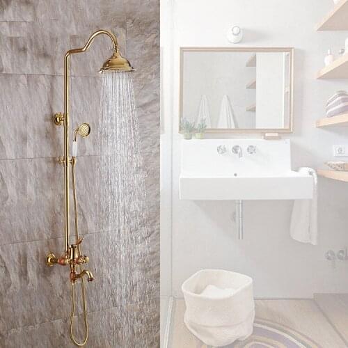 Luxury Gold solid brass Bathroom Shower Faucet Set 8" Rain Shower Head + Hand Shower Spray