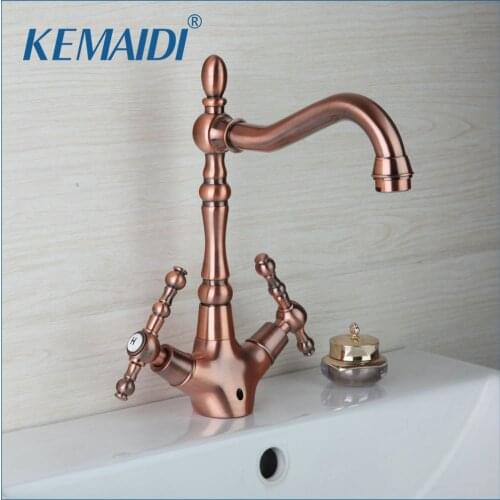 KEMAIDI Kitchen Sink Faucet Swivel Basin Deck Mounted Double Handles Torneira Cozinha Tap Mixer Faucet Antique Copper Brass
