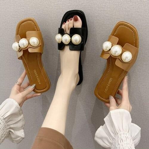 String Bead Shoes Woman 2020 Womens Slippers Outdoor Pantofle Low Luxury Slides Soft New Summer Designer Flat PU Basic Fashion
