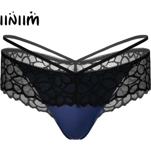 Mens Lace Panties Sexy Low Waist Lace Skirted T-back Thongs Underpants Sissy Gay Underwear Elastic Waistband G-string Briefs