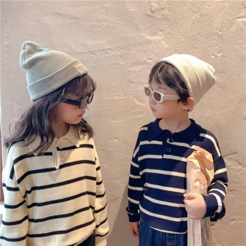 Korean style autumn siblings turn-down collar striped sweaters boys and girls loose casual knitted pullovers Tops