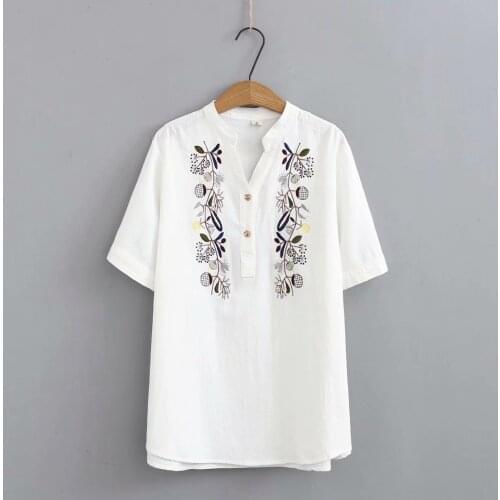 Plus size cotton Embroidery women Tshirts 2021 new summer casual ladies short sleeve stand collar t shirts female tops t-shirts