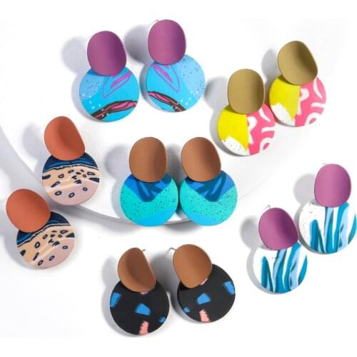 Lifefontier Korean Cute Pattern Round Dangle Earrings Polymer Clay Geometric Drop Earrings for Women Fashion Statement Jewelry