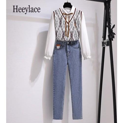 Office Ladies 3 Pieces Set Korean Long Sleeve Blouse+Knitted Vest+Denim Long Pants Suits Autumn Elegant Women Outfits 2021