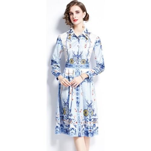 Women Floral Print Elegant Shirt Dress 2021 Spring High Quality Fashion Designer Runway Midi Dress Vestidos k8772