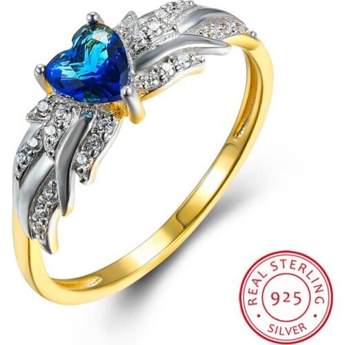 Luxury Female Blue Sapphire Stone Ring 100% Real 925 Sterling Silver Gold Engagement Ring Small Heart Wedding Rings For Women
