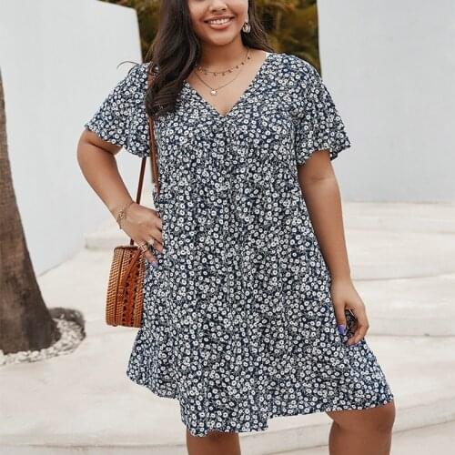 New style plus size cotton dress 4XL-7XL fashion womens V-neck short sleeve casual printing plus size dress