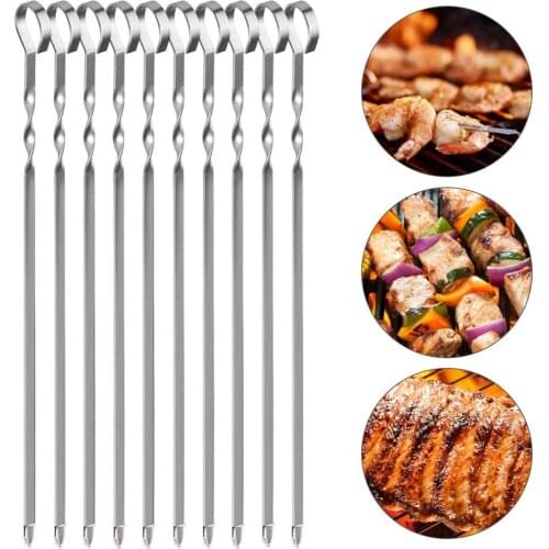 10PCS Stainless Steel Barbecue Skewers Reusable Forks BBQ Sticks Flat Cooking Grill Skewers Outdoor Camping Kitchen Tool