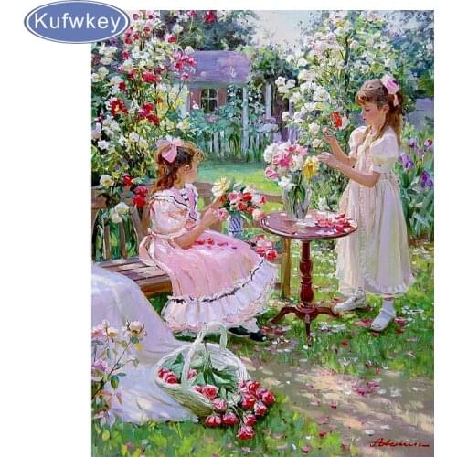 Full diy 3D diamond painting cross stitch flower garden with children diamond embroidery picture home decorative mosaic painting