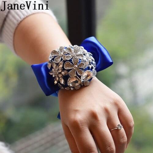 JaneVini Shiny Crystal Jewel Bracelet Ribbon Bride Wristband Bridesmaid Bridal Bracelet Satin Prom Hand Wrist Flowers Corsage