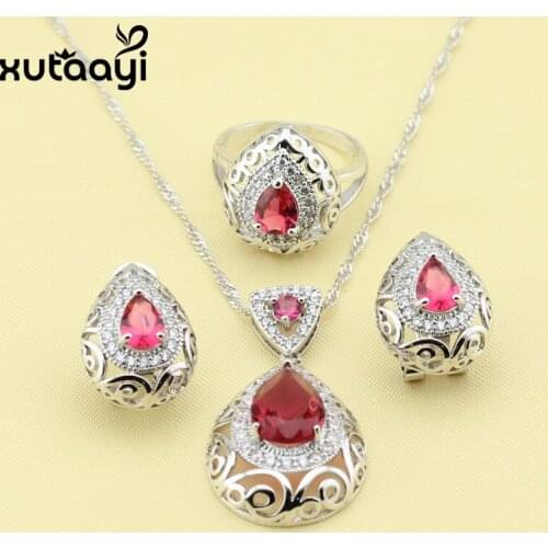 Hot-selling Silver Women Fashion Health Jewelry Sets ,Hollow Water Drop Red Stones Earring Ring Necklace Pendant