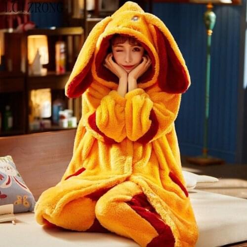 Cartoon Cute Ear Sweet Girl Loose Robes Long Pants Warm Thick Hooded Pajamas Set for Women Homewear Luxury Night Pijama Mujer