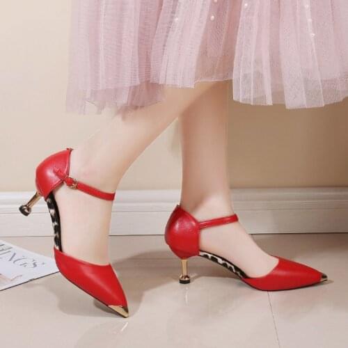 New Sandals French Girl Pointed Thin Heel Silver High Heels Versatile One Line Buckle Hollow Red Women wedding shoes
