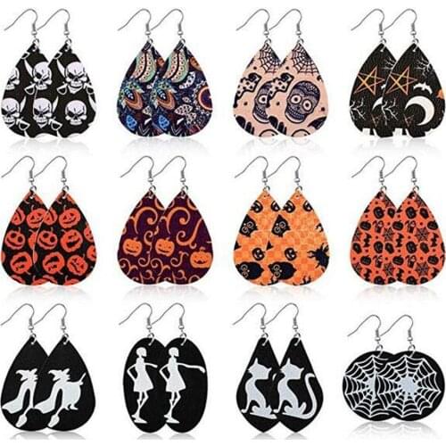 New Womens Faux Leather Earrings Pumpkin Spider Skull Witch Ghost Print Teardrop Dangle Earrings Halloween Jewelry for Women