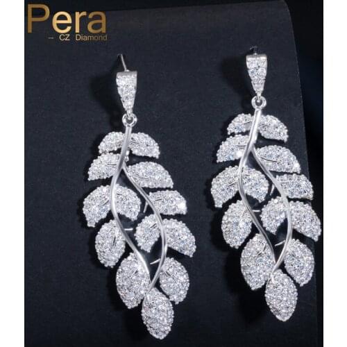 Pera Sparkling Silver Color AAA+ Long Dangle Big Leaf Shape Cubic Zirconia Drop Earring For Women Party Jewelry Accessories E299