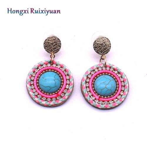 New earrings bohemian style colored earrings for women charm leather round stone earrings alloy natural stone jewelry