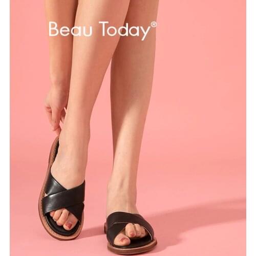 BeauToday Gladiator Slippers Women Genuine Cow Leather Cross Band Indoor and Outside Ladies Summer Flat Slides Handmade 36090