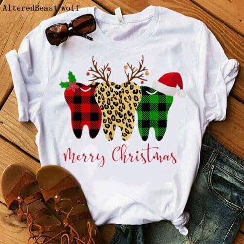 Dentist Leopard christmas t-shirt women dental squad print t shirt funny christmas white Women Female tshirt 2020 clothes