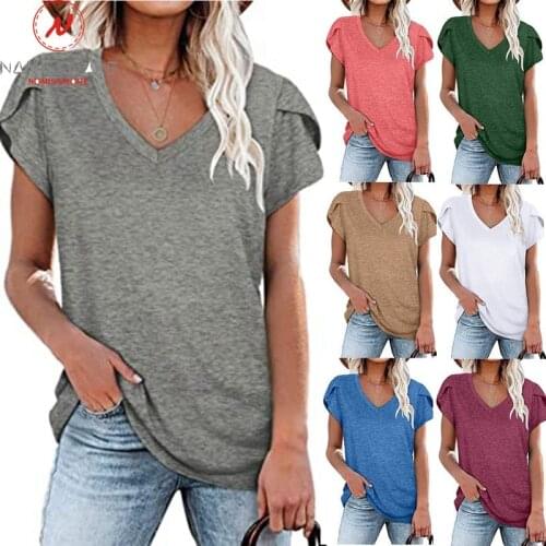 Fashion Women Summer Solid Color T-Shirts Patchwork Design V-Neck Short Petal Sleeve Casual Loose Pullovers Top for Streetwear