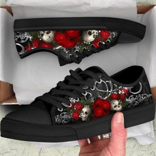 ELVISWORDS Class Low Style Womens Sneakers Casual Flats Gothic Skull Pattern Female Canvas Vulcanized Shoes for Ladies Walking