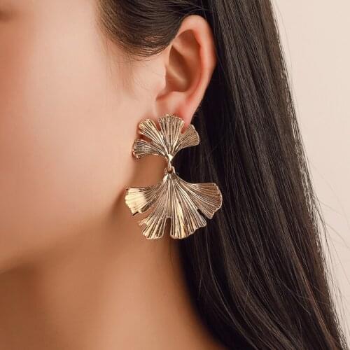 Metallic Ginkgo Leaves Golden Silver Plated Rose Gold Alloy Women Dangle Drop Earrings