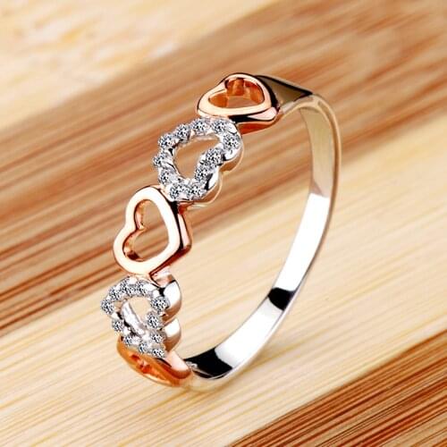 Crystal Female Small Rose Gold Heart Ring 100% Real 925 Sterling Silver Wedding Ring Promise Love Engagement Rings For Women