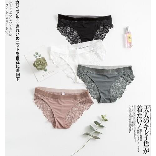Mulberry Silk Underwear Women Transparent Flower Lace Sexy Velvet Side Mulberry Silk Panties Mid Waist Breathable Mesh Briefs