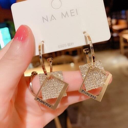 2020 New Trend Korea Rhinestone Square Geometric Hoop Earrings For Women Jewelry High Sense Letter Princess Girl Christmas Gift