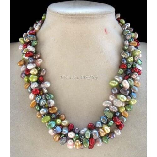 4rows freshwater pearl multicolor 8-10mm baroque necklace 18inch nature wholesale bead discount gift
