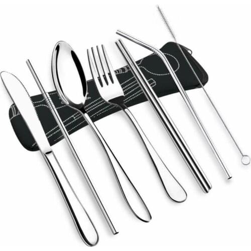 7Pcs Portable Reusable Tableware Dinnerware Set Spoon Fork Chopsticks Stainless Steel