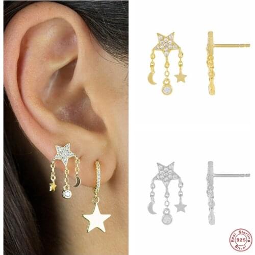 GS 925 Sterling Silver Elegant Crystal Moon Star Pendant Drop Earrings Shine Zircon Chain Tassel Dangle Earrings For Women