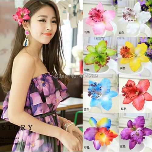 Free Shipping!! 50pcs/lot Bridal Hawaiian Party Girl Flower 3" Silk Orchid Flower Hair Clips (10 colors mixed)