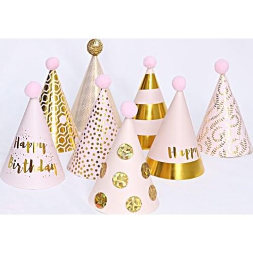 Bronzing Paper Cap Happy Birthday Party Hats Baby Shower Decorations First Birthday Girl Party Decorations Supplies Kids Favors