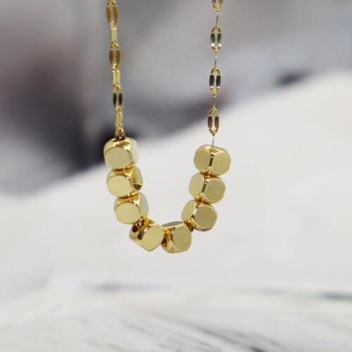Staineless Steel Chain Necklace Cube Bead Gold Pendant Lucky Jewelry Best Gift For Friend