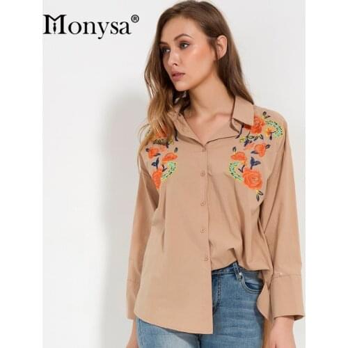 Floral Embroidery Blouse Long Sleeve 2017 Autumn New Arrivals Casual Women Shirts Turn-down Collar Womens Tops and Blouses White
