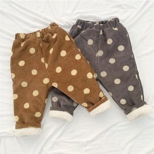 2021 Winter Korean Style Kids Clothes Children Thick Warm Pants Baby Boys Girls Corduroy Polka Dots Velvet Fleece Pants