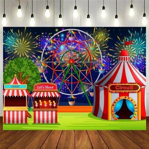 Fairground Circus Tent Backdrop Cartoon Amusement Park Ferris Wheel Fireworks Photography Background Child Fun Carnival Party