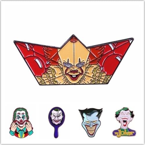 HOSENG Punk Trendy Halloween Movie Joker Alloy Brooch Red Color Women Man Lapel Shirt Enamel Funny Clown Jewelry Pin Gift HS_831