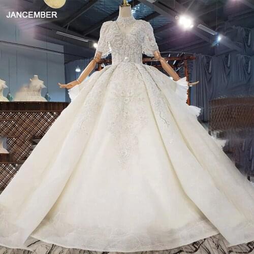 HTL1882 White Sequined Beading Wedding Dress 2020 Short Sleeve Applique Ball Gowns V-Neck Lace Up Back