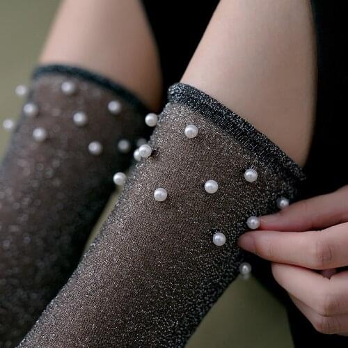 Summer New Fashion Silk Socks Breathable Long Socks with Pearl Streetwear Korean Ins Pearl Tube Socks Japanese Mesh Thin Socks