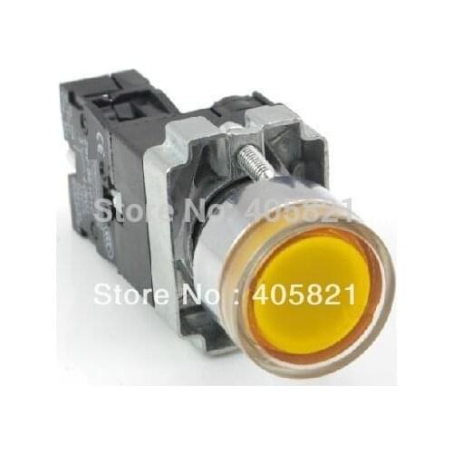 Momentary Yellow Flat Push Button Switch With Pilot Lamp AC/DC 24V 1N/O 22MM Spring Return
