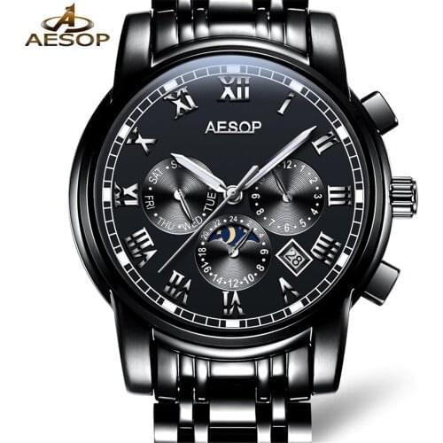 AESOP Fashion Men Watch Men Black Automatic Mechanical Wrist Wristwatch Sapphire Crystal Black Male Clock Relogio Masculino 2018
