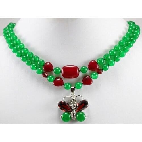 Ladys fashionalbe accessory! Pretty 2 rows green & red Jade necklace inlaid crystal butterfly pendant